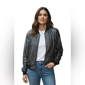 LuLaRoe Elegant 3XL Sequin Metallic Bomber Jacket Black Zip Up